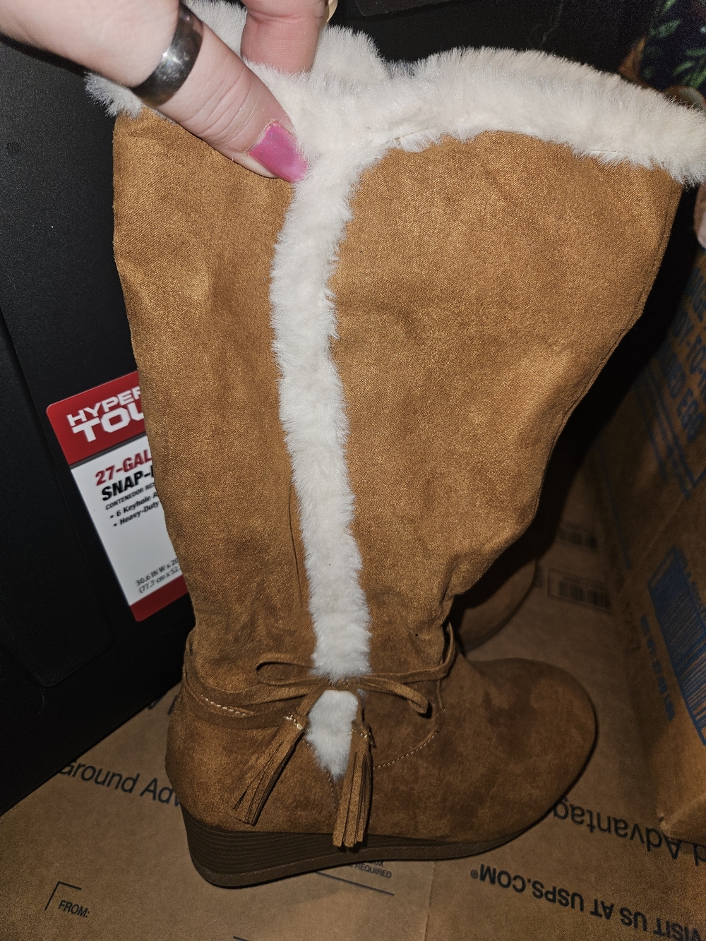 Falls Creek Chestnut Faux Suede Wedge Knee Boots with White Faux Fur Trim